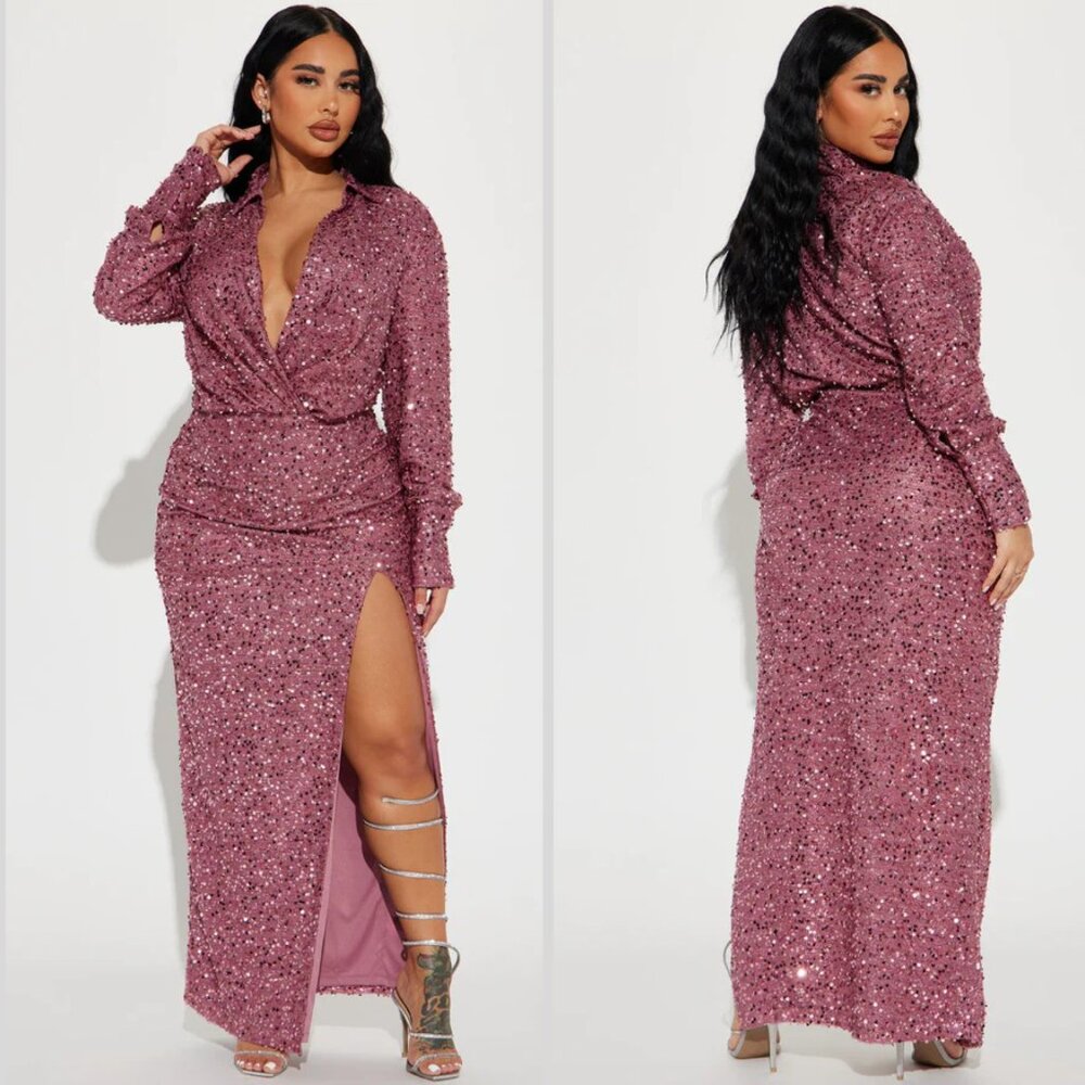 Fashion Nova Mauve Rain On Me Sequin Skirt Set - Picture 1 of 15